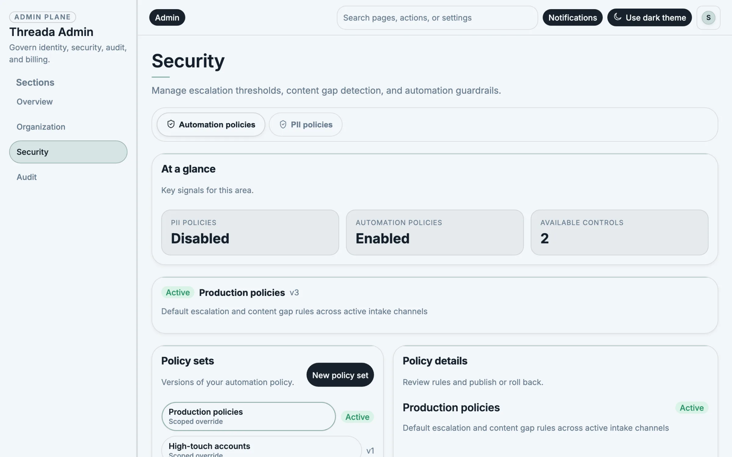 Threada Admin security policy page showing work-item governance rules and approval thresholds